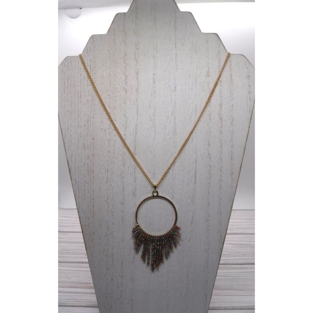 Necklace Gold w/ Multicolored Beaded Pendant